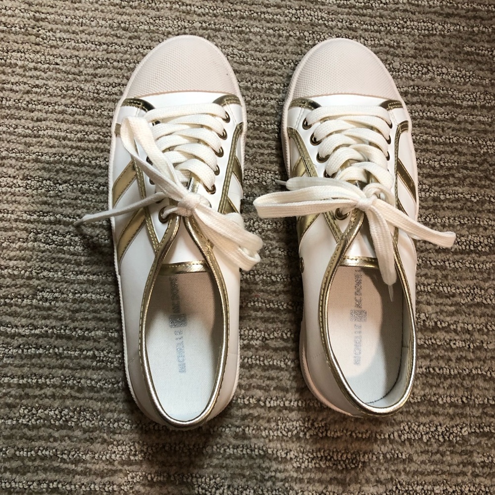 NEW- never worn, white and gold sneakers
